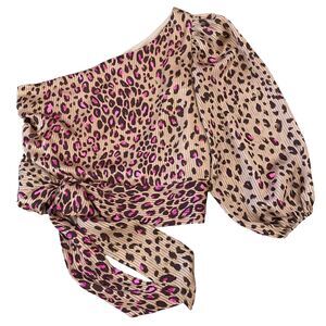 Express One Shoulder Leopard Print Satin Top‎ With Bow M Ruched 80's Party Y2K